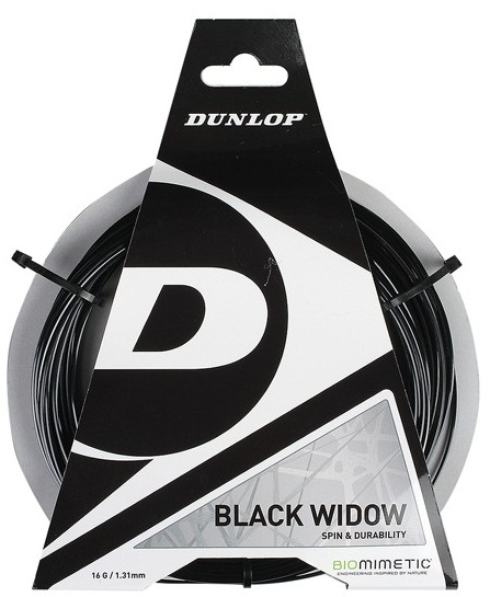 DUNLOP BLACK WIDOW, Cuerda de poliéster de siete lados, la cual permite un excelente control, mayor agarre de la pelota, y mejor resultado a los efectos.